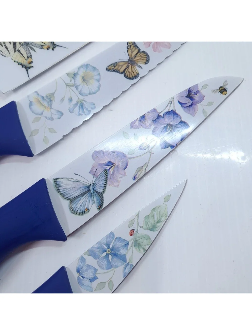 Lenox knife set Butterfly Meadow 4 piece flowers blue handle chef's serrated
